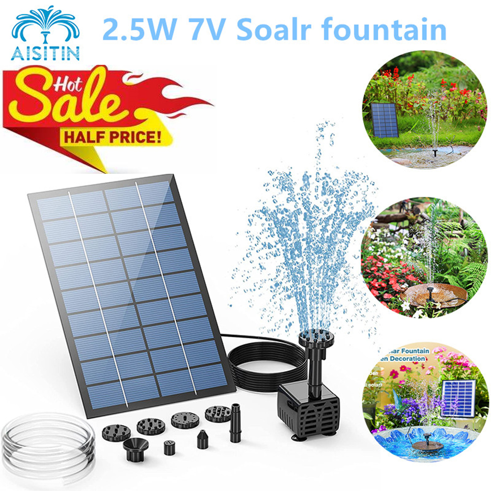 AISITIN 2.5W Solar Fountain Pump，with 6Nozzles and 4ft Water Pipe，Solar Powered Pump for Bird Bath，Pond，Garden and Other Places