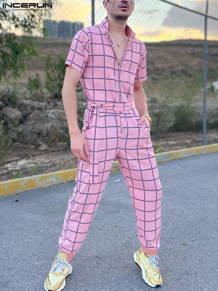 INCERUN Men Plaid Jumpsuits Lapel Short Sleeve Zipper   Rompers With Belt Streetwear Summer Casual Men Overalls S-5XL