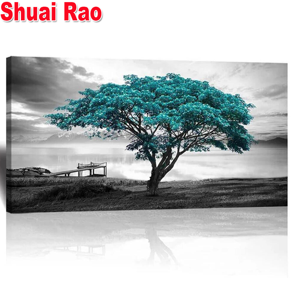 Landscape Diamond Embroidery Blue Tree Black And White Home Decoration Diy Diamond Painting Large Cross Stitch Mosaic Sticker