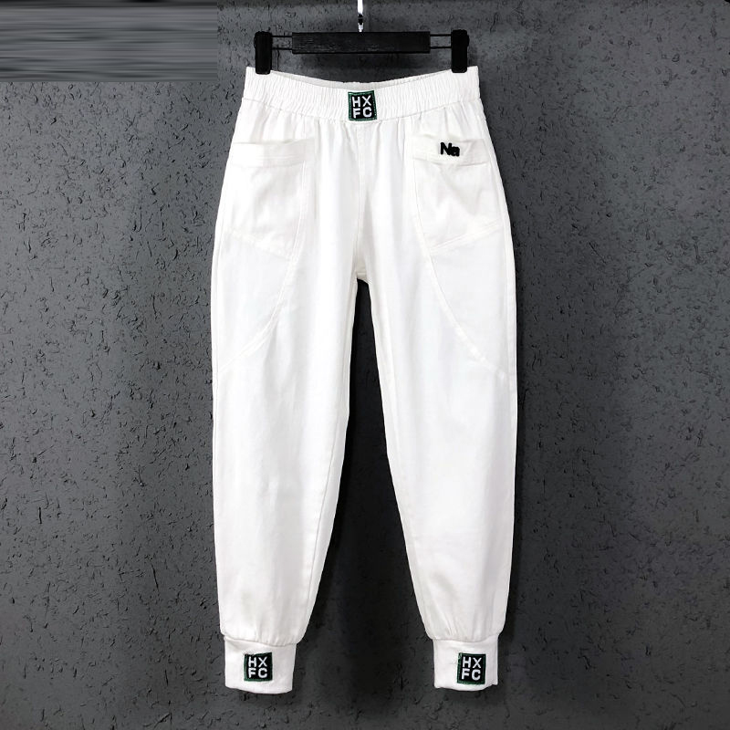 Arrival Spring Summer Korea  Women Elastic Waist Loose White Jeans All-matched Casual Cotton Denim Harem Pants S982