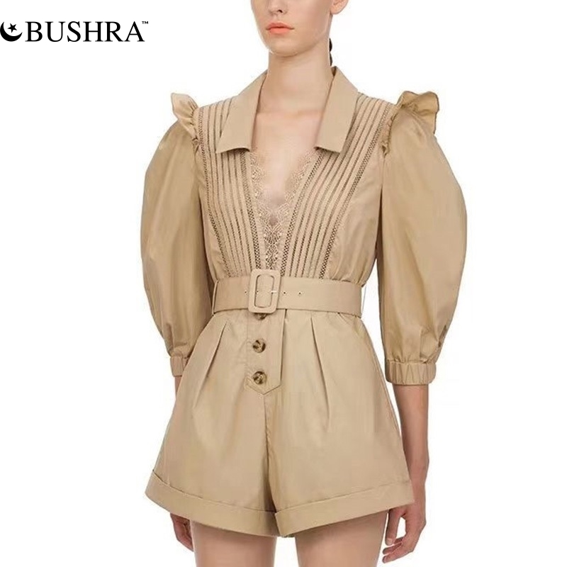 BUSHRA Casual Patchwork Lace Women Short Jumpsuit V Neck Lantern Short Sleeve High Waist With Sashes Hollow Out Playsuit Female