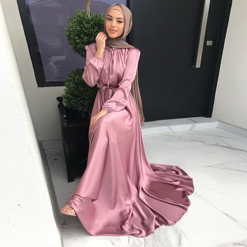 Muslim Long Dress Abaya for Women Satin Elegant Long Sleeve Belted Hijab Robe Islam Dubai Turkish Modest Abayas African Dress