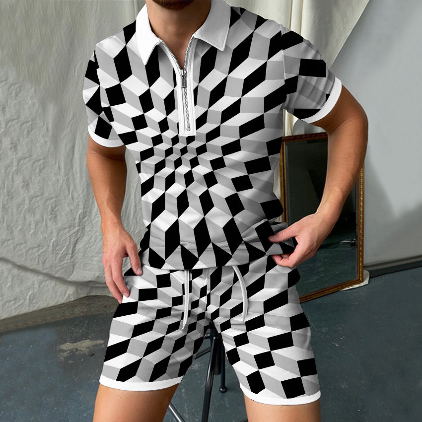 Dropshipping Plus Size Men's Tracksuit Plaid Zipper Polo Short Sleeve Shorts 2-piece Set  Summer Lapel  printing Suit