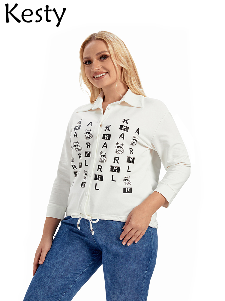 KESTY Women's Plus Size Shirt Spring Cotton  Button 3/4 Sleeves Lapel Casual Loose Top