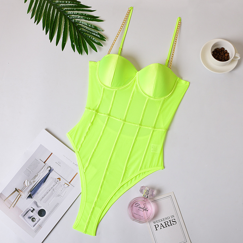 Neon Green Mesh Transparent BodySuit Sexy Women's Backless Striped Sleeveless Overalls Party  Spaghelti Strap Rompers New