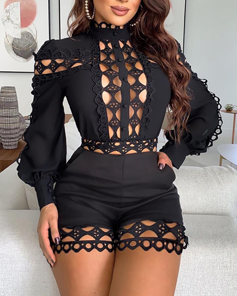 Sexy Hollow Out Playsuits for Women Summer Long Sleeve Skinny Nightclub Overall  Woman Clothing