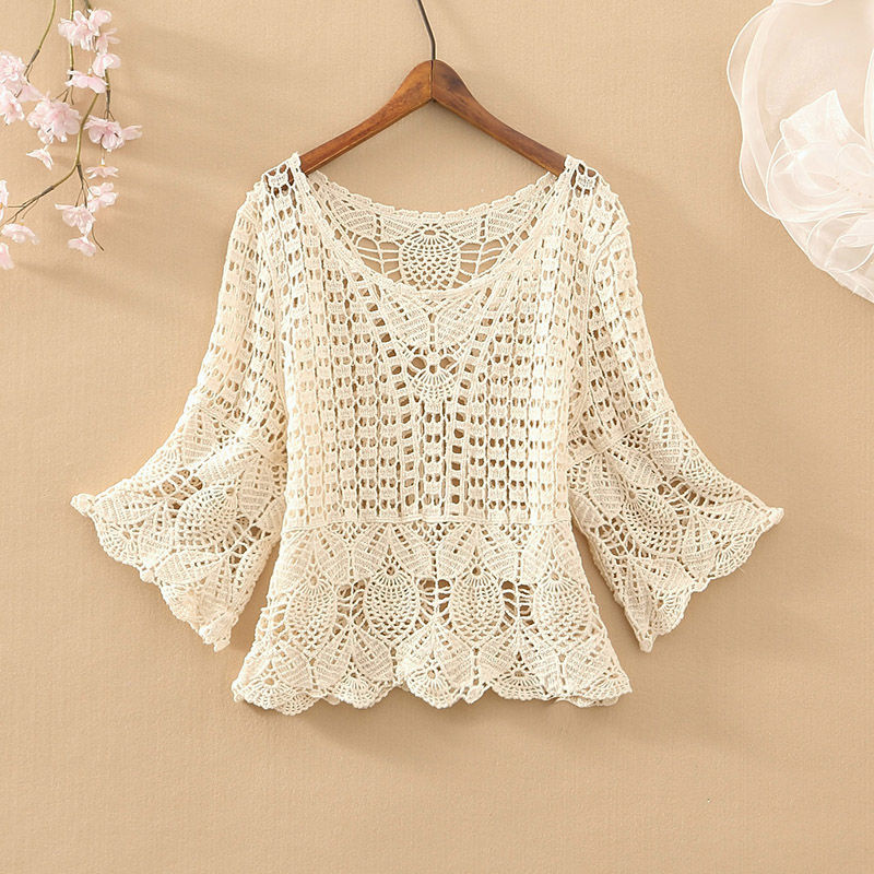 Lady Spring Summer   Loose Five-point Sleeve Short Round Neck Solid Color Plaid Casual Female Hollow Out Lace Top