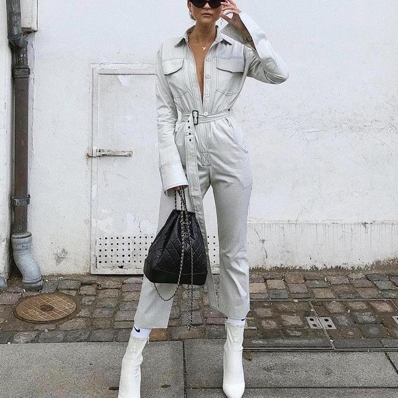 Autumn winter rompers womens jumpsuit Casual Vintage pockets sashes long sleeve denim jumpsuit streetwear overalls for women