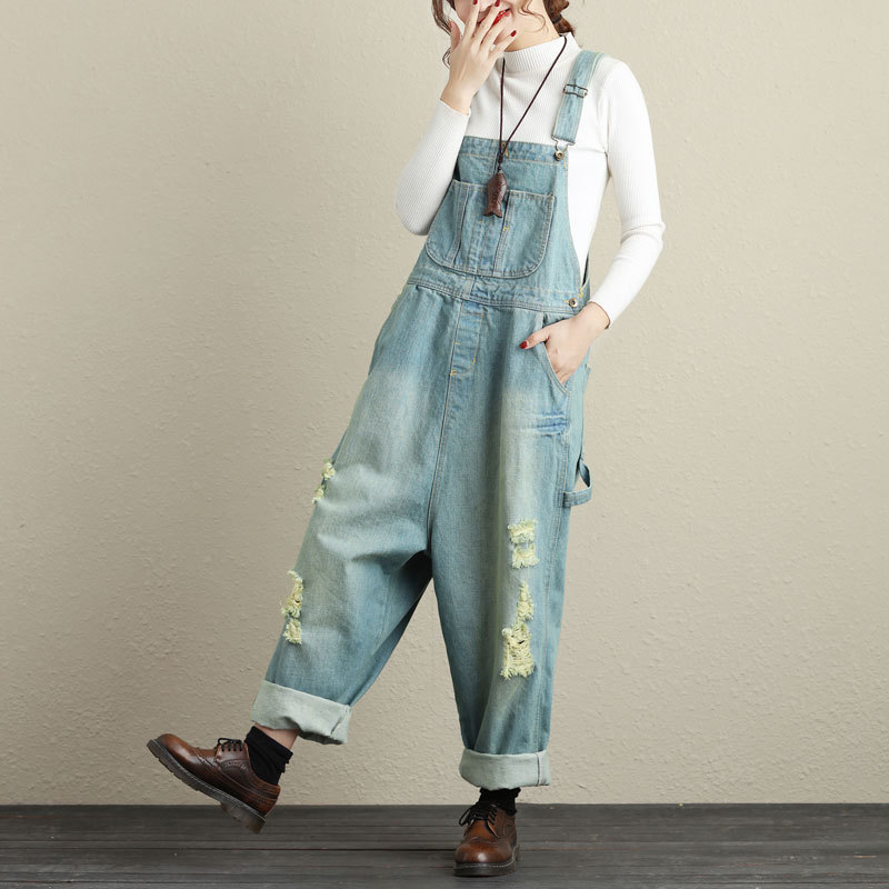 Girls Bib Denim Overalls Big Size Hip Hop Low Drop Crotch Jeans Pants Jumpsuits Female Cuffs Ripped Suspenders Wide Leg Rompers