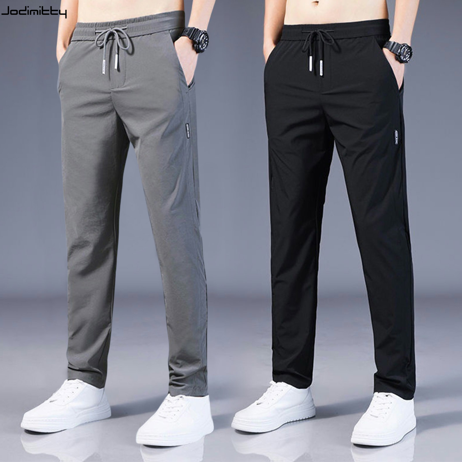 Jodimitty Men's Ice Silk Trousers Solid Mid-Waist Loose Breathable Straight-Leg Casual Pants  Thin Quick-Drying Sports Pants