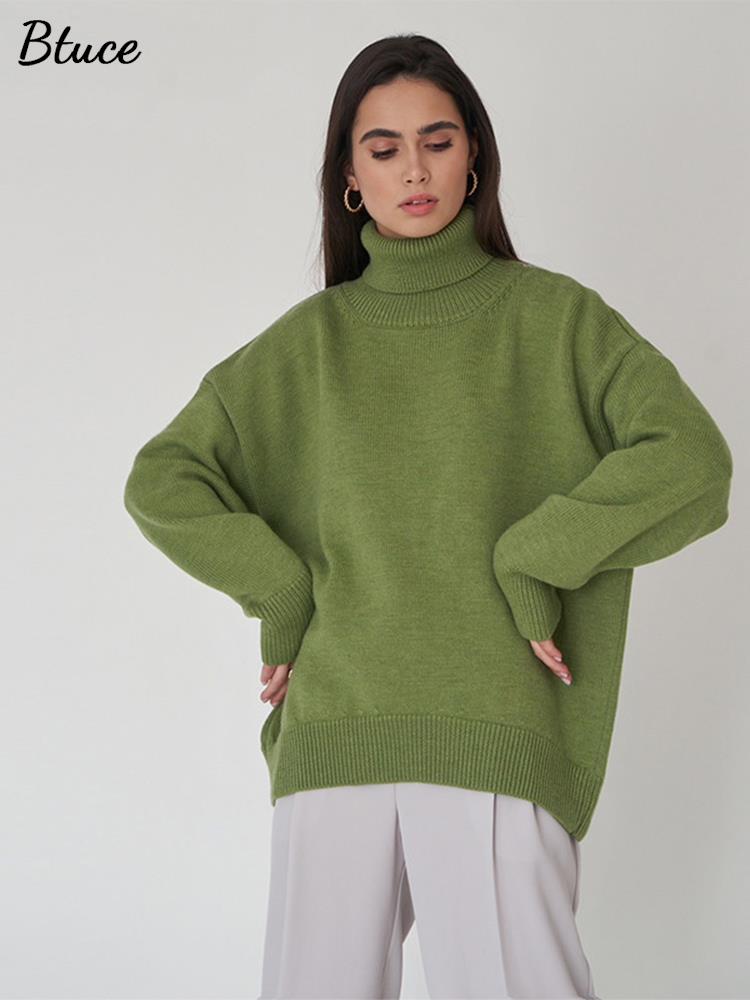 Women Vintage Chic Knitted Turtleneck Pullover Elegant Solid Long Sleeve Sweater  Autumn Winter Female Casual Loose Tops