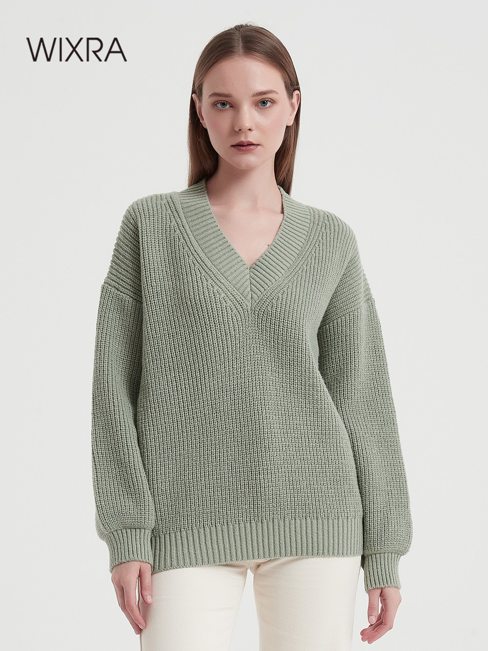 Wixra Women Basic V Neck Sweater Warm Thick Loose Pullovers Solid Jumper Casual Top  Autumn Winter