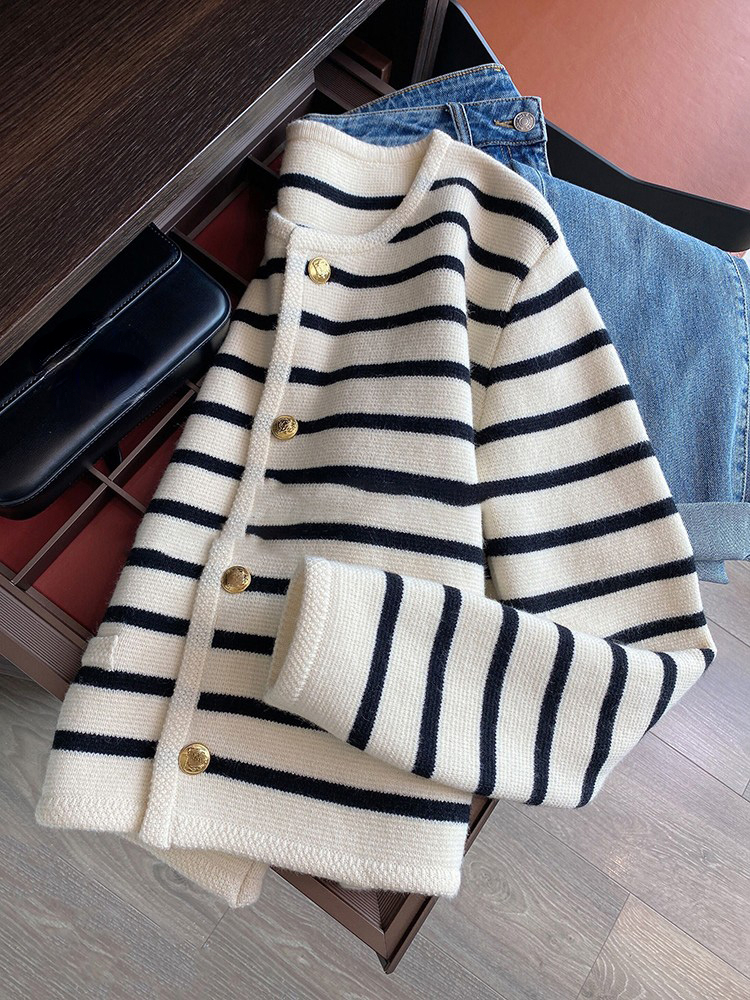 White Black Striped Short Cardigan Women   Sweater Elegant Long Sleeve Top  Spring  cardigan women traf