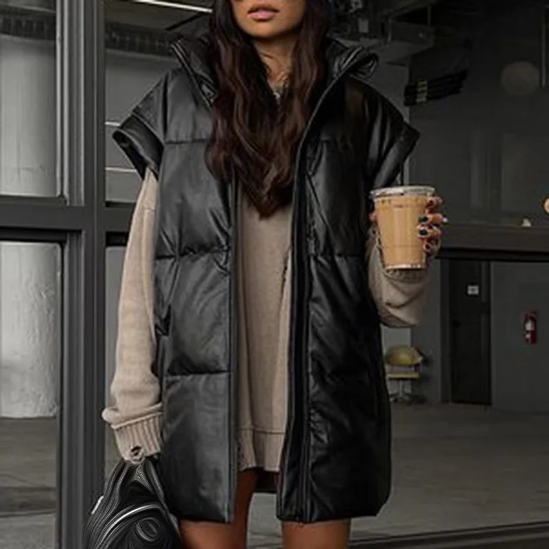 Women's PU Vest Jackets Faux Leather Waistcoat Streetwear Coat Ladies Black  Outwear Female Sleeveless Coat Woman Jacket