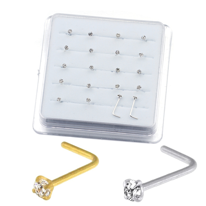 20PCS/Box  Sterling  L Shape Nose Stud Ring 2mm Clear Crystal Nose Piercing Body Jewelry