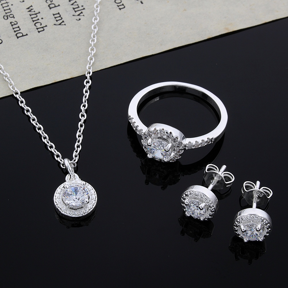 925 Sterling silver Cute Solid  gift noble  elegant women shiny crystal CZ necklace earring ring jewelry Set