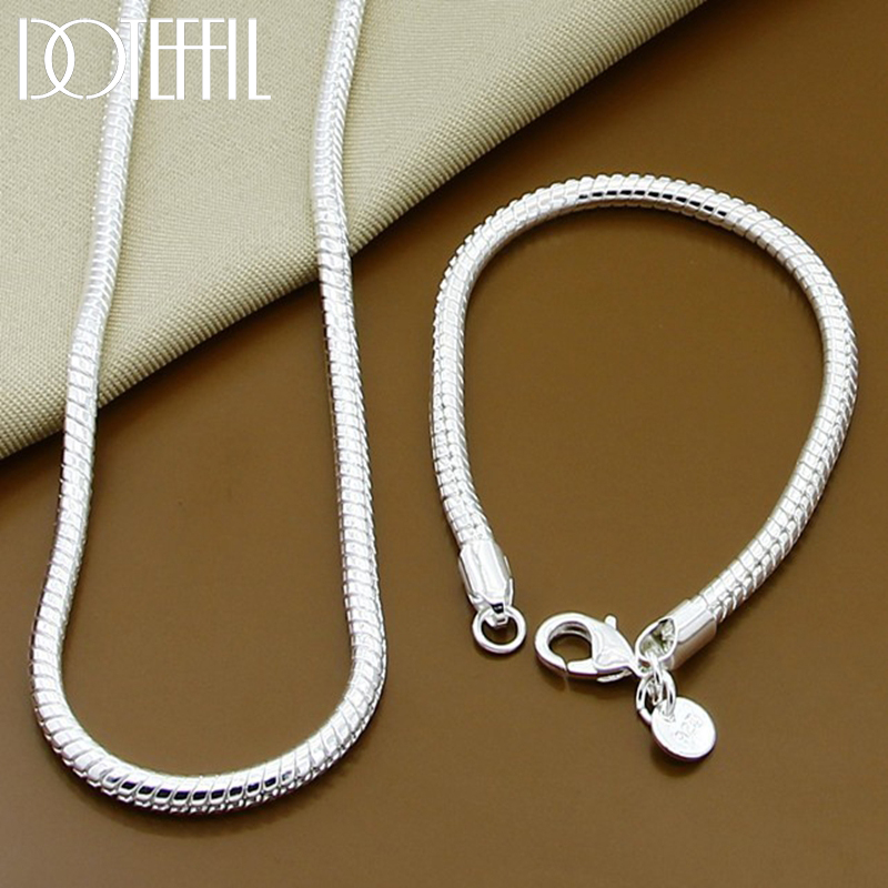 DOTEFFIL 925 Sterling Silver 16/18/20/22/24/26/30 Inch Snake Chain Bracelet Necklace Sets For Women Man  Charm Jewelry