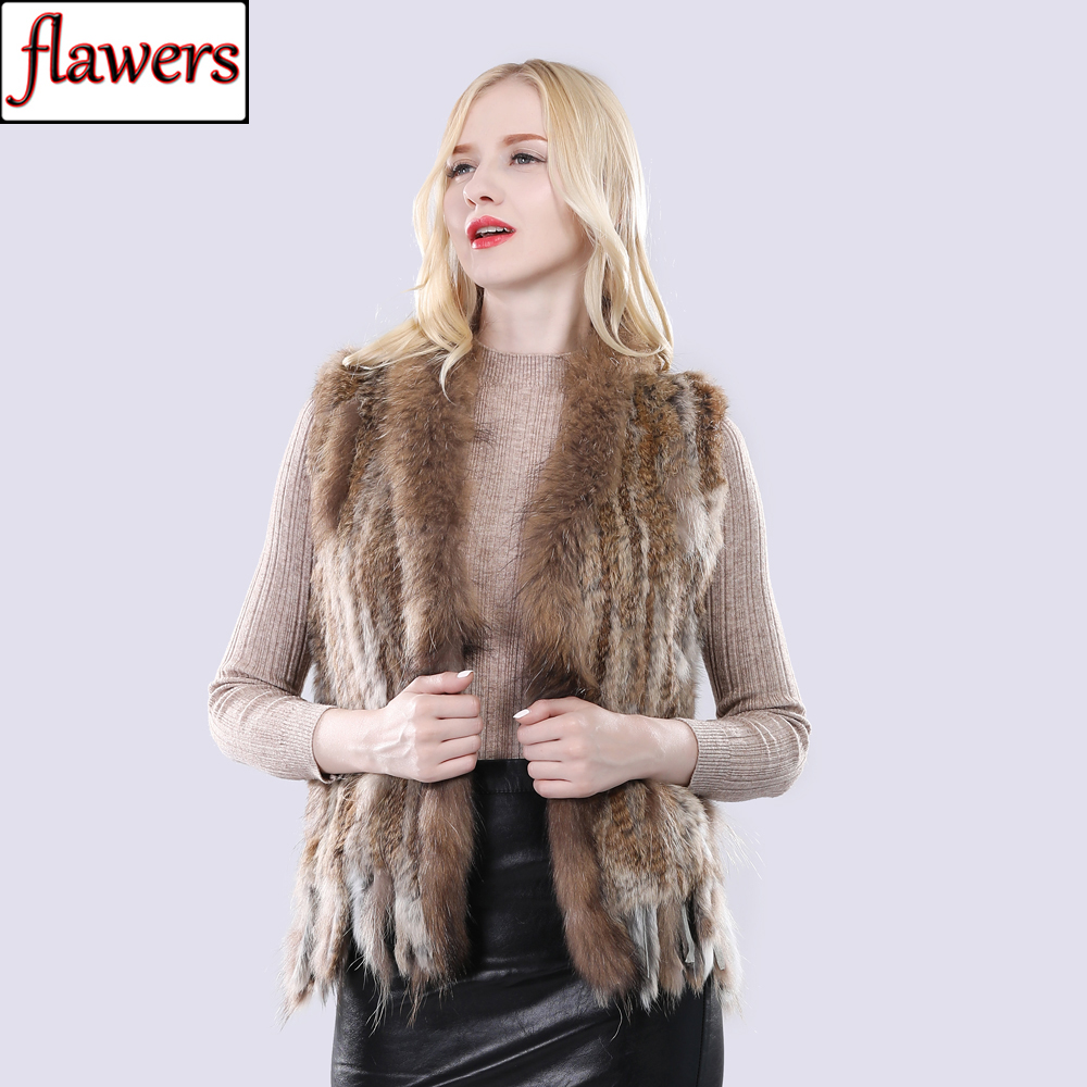 Women Genuine Real Rabbit Fur Vest Casual Real Raccoon Fur Collar Gilet Lady Handmade Knitted Real Rabbit Fur Waistcoat
