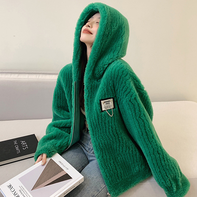  Autumn and Winter All Wool Stand Collar Hooded Fur Coat One Sheep Sheared Wool Lamb Jacket Women Double-faced Fur