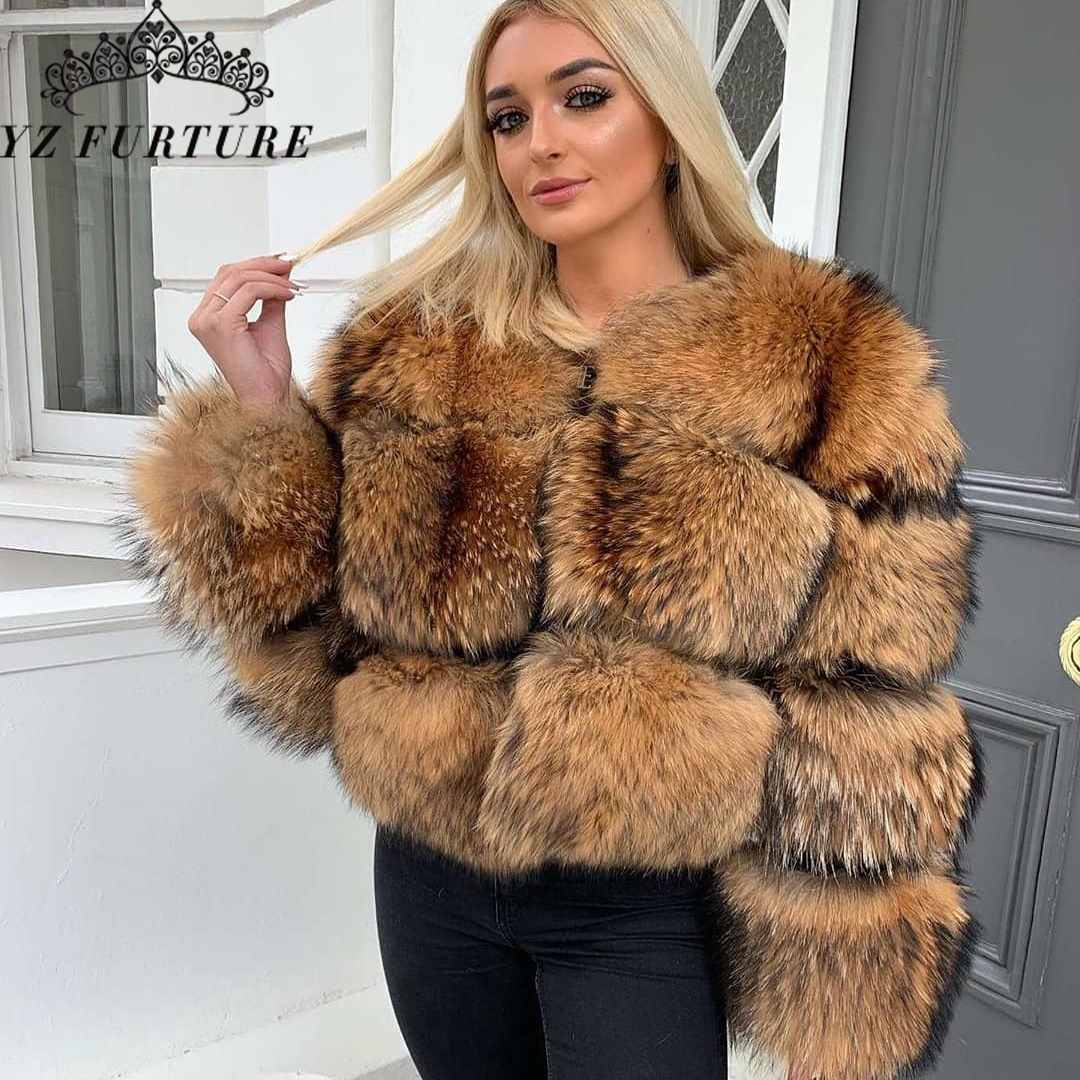  Arrival Real Raccon Dog Fur Coat Full Pelt O-Neck Thicken 55cm Short Warm Striped Design Women Raccon Fur Winter Jocket