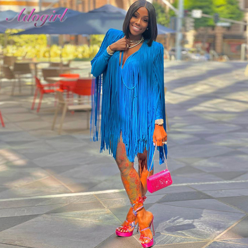 Elegant Long Tassel Chic Evening Party Maxi Dress Women Vestidos Sexy V Neck Full Sleeve Cape Gown Club Dresses Outfit Y2k Robe