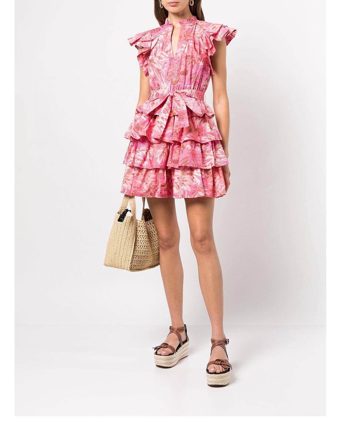 UllaJohns** summer women dress cotton V-neck no sleeve floral printing casual style cascading ruffle minidress