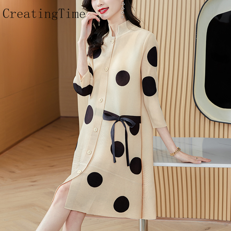 Creatingtime Printing Pleated Dresses For Women  Stand Collar Long Sleeve Buttons Lace Loose Clothing  Summer LH449