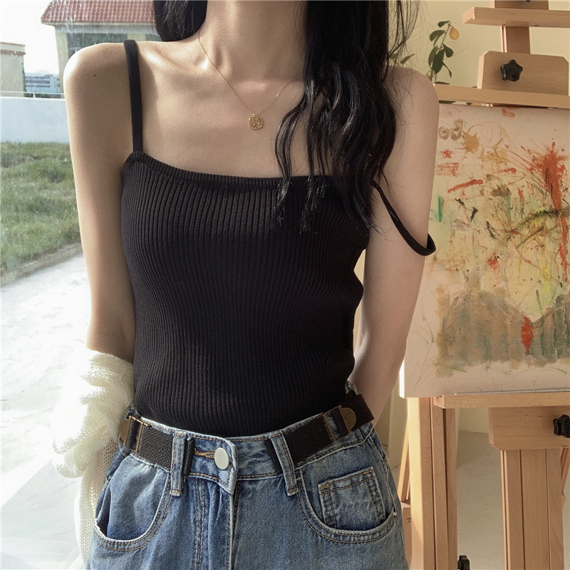 Knitted Ice Silk Sling Small Vest Women Net Red and White Slim Sleeveless Bottom Jacket Inside and Outside To Wear