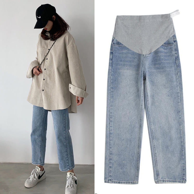 Spring autumn belly pants pregnant clothing pregnant work pants wide leg straight denim pregnant jeans