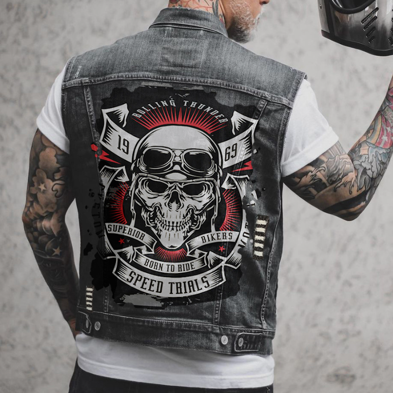  Mens Denim Vest Skull Print Motorcycle Biker Punk Hip Hop Top Waistcoat Hole Ripped Cotton Sleevless Jean Jacket  Men Vests