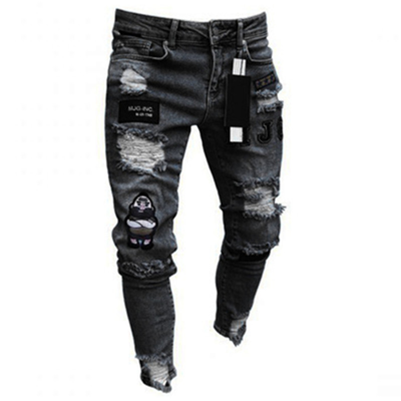 Men Stretchy Ripped Skinny Biker Embroidery Cartoon Print Jeans Destroyed Hole Slim Fit Denim High  Hip Hop Black Jeans