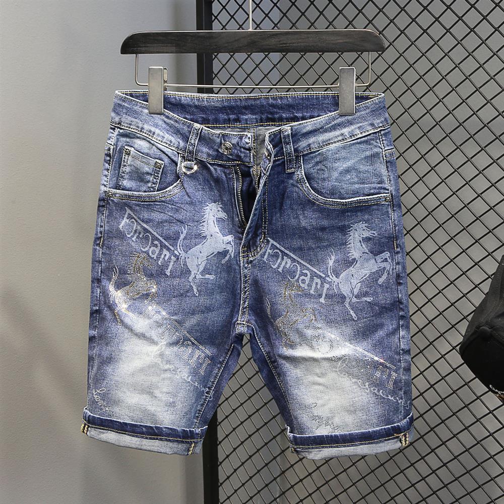 Jump drill summer thin section denim shorts men's slim stretch pants all-match trend thin section five-point pants