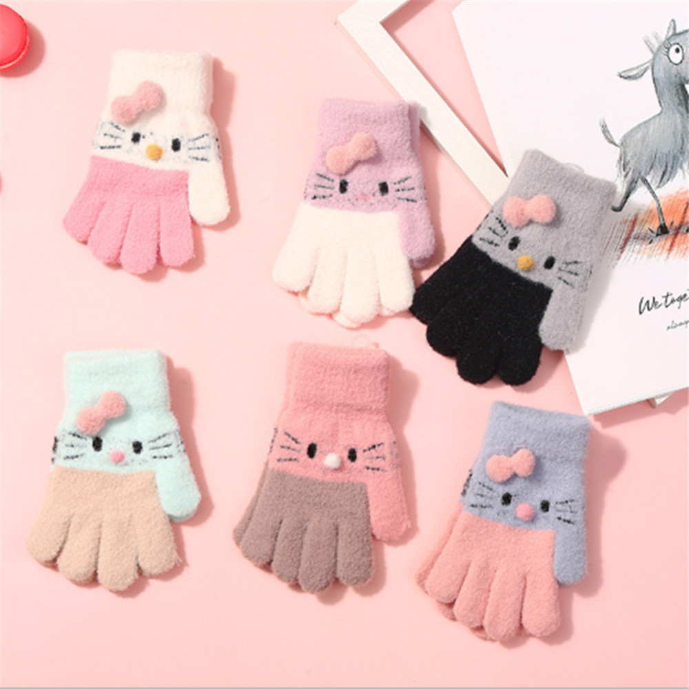 1Pair Kids Knitted Gloves Winter Warm Children Full Fingers Mittens  Girls Cute Cartoons Soft Gloves for 3-10 Years Old
