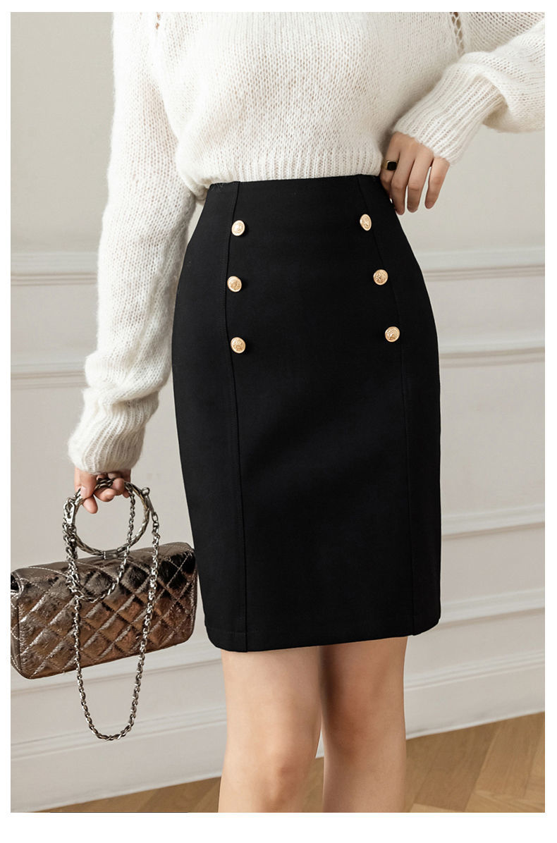    Style Skirts for Woman Button Vintage Solid Work Wear Pencil Skirt Lady Office Business Black Skirt