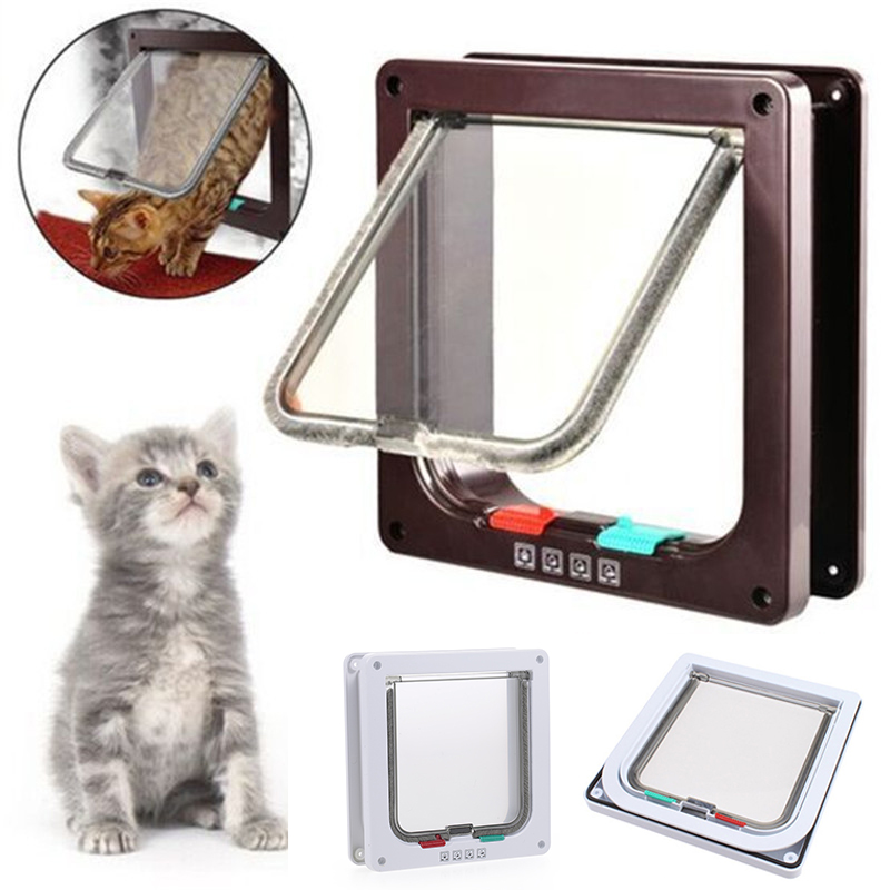 Dog Gate Cat Flap Door 4 Way Lockable Security Entrance Exist Door Plastic Small Dog Door Kit for Doghouse Kennel Pet Supplies