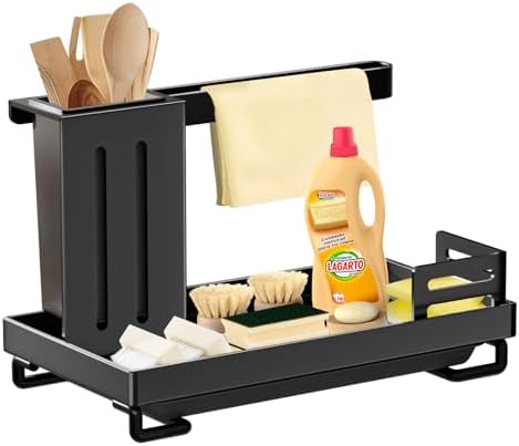 Yawinhe Sponge Holder for Kitchen Sink, Rustproof Kitchen Sink Organizer for Sponge, for Countertop by the Sink Holding Dish Soaps and Sponges, Black
