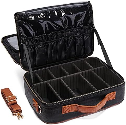 LACATTURA Travel Makeup bag, Leather Makeup Train Case Cosmetic Organizer for Makeup Brushes Toiletry Digital Accessories, Portable Artist Storage Bag With Shoulder Strap for Women lady Black, Large