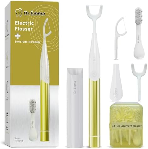 Electric Vibration Flosser, Power Flosser for Adults, Gum Stimulator, Teeth Cleaner, Reusable Flossing Tool with Toothbrush, Water Flosser Alternative, Yellow