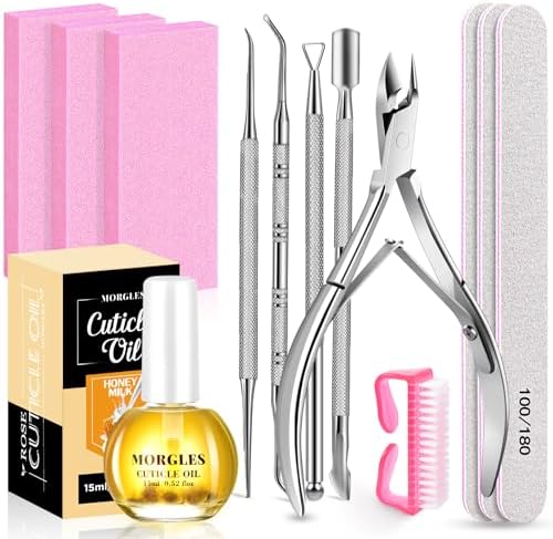 Nail File and Buffer with Cuticle Kit, MORGLES 3pcs Nail Files with 2pcs Nail Buffer Blocks, 5pcs Cuticle Trimmer Set, Milk and Honey Nail Cuticle Oil, Nail Care Kit for Women