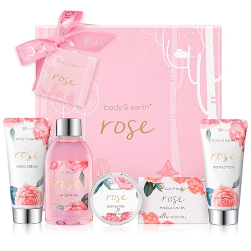 Bath and Body Gift Set for Women, Body & Earth 5 Pcs Rose Spa Set Gifts for Women, Self Care Kit, Lotion Sets for Women,Christmas Gifts for Women