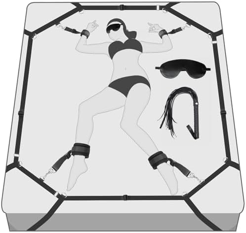BDSM Bed Restraints Bondage Set, Sex Bondage BDSM Kit with Leather Whips & Blindfold Wrist and Ankle Cuffs Adjustable Sex Straps Bondage Collection, Couples Sex Toys for Bedroom Restraint Adult Games