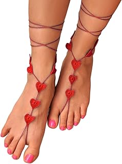 MCC Handmade Heart Shape Barefoot Sandals, Anklet Foot Jewelry, Valentine's Gift for Her, Sexy Wedding Night Sandles, Foot Fetish, Destination Honeymoon Beach Outfit, Beach Wedding Shoes (Red)