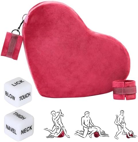 Sex Heart Wedge Pillow Sex Furniture Positioning Foam Pillow Cushion with Handcuffs and Dice for Adult Couples (1 Piece, Wine Red)