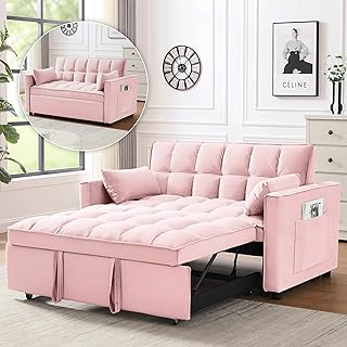 3 in 1 Convertible Sleeper Sofa Bed, Futon Couches for Living Room with Side Pocket | Adjustable Backrest| Velvet Fabric | Pull Out Couch | Recliner Loveseat | Sectional Sofa, Pink