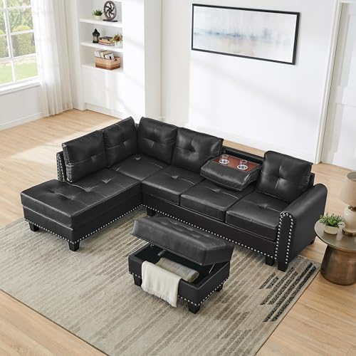 100" Reversible Sectional Sofa Couch, Modern 4-Seaters Living Room Furniture Sets with Chaise Lounge & Ottoman | L Shape Couch | Cup Holder | PU Leather, Black