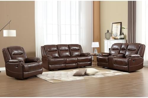 Genuine Leather Manual Recliner Sofa Set, Recliner Chair, Loveseat Reclining Sofa and 3 Seat Recliner Sofa, Couch Furniture Set for Living Room, Meeting Room, Brown(Recliner+Loveseat+Sofa)