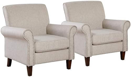 Prilinex Upholstered Living Room Chair Set of 2 - Large Comfy Fabric Accent Chair Single Sofa with Cushion, Rolled Armrest & Nailhead Trim, Mid Century Farmhouse Armchair for Bedroom, Office, Beige