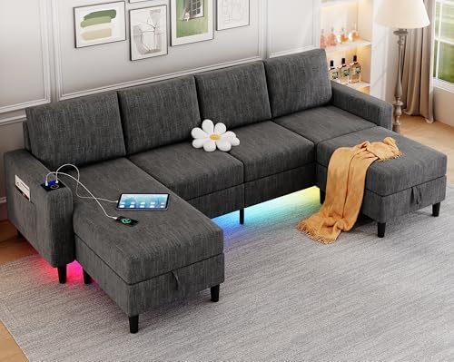 Sectional Couches for Living Room, 4 Seat Linen Sectional Sofa with Reversible Chaise Lounge/Storage Ottoman, U Shaped Couch with Smart Module-Wireless Charging/USB/Type-C/RGB Light (Dark Grey)