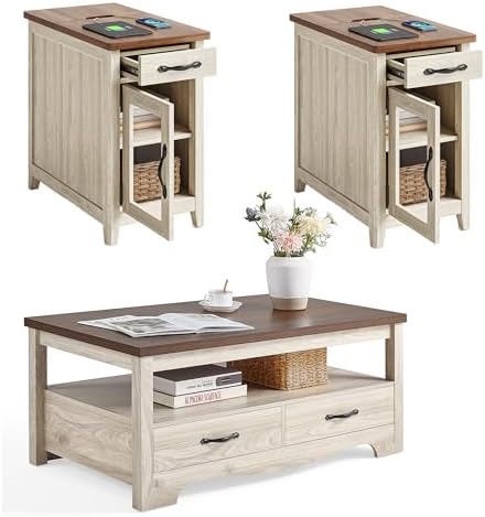 LINSY HOME Farmhouse Coffee Table Sets 3 Pieces, Wood Living Room Table Set Include 41" Coffee Table, End Table Set of 2, Washed White