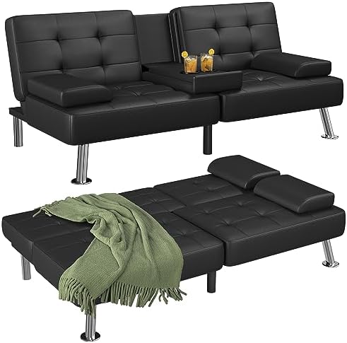 Flamaker Futon Sofa Bed Modern Folding Futon Set Convertible Recliner Lounge for Living Room with 2 Cup Holders, Removable Armrests (PU Leather, Black)
